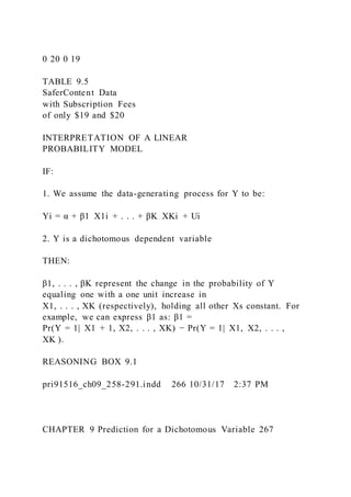 0 20 0 19
TABLE 9.5
SaferContent Data
with Subscription Fees
of only $19 and $20
INTERPRETATION OF A LINEAR
PROBABILITY MODEL
IF:
1. We assume the data-generating process for Y to be:
Yi = α + β1  X1i + . . . + βK  XKi + Ui
2. Y is a dichotomous dependent variable
THEN:
β1, . . . , βK represent the change in the probability of Y
equaling one with a one unit increase in
X1, . . . , XK (respectively), holding all other Xs constant. For
example, we can express β1 as: β1 =
Pr(Y = 1|  X1 + 1, X2, . . . , XK) − Pr(Y = 1|  X1, X2, . . . ,
XK ).
REASONING BOX 9.1
pri91516_ch09_258-291.indd 266 10/31/17 2:37 PM
CHAPTER 9 Prediction for a Dichotomous Variable 267
 
