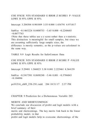 COE FFICIE NTS STANDARD E RROR Z SCORE1 P -VALUE
LOWE R 95% UPPE R 95%
Intercept 3.204304 0.901809 3.55 0.000 1.436791 4.971817
SubFee −0.1463224 0.0400753 −3.65 0.000 −0.2248685
−0.0677763
1Note that these tables use a z score rather than a t-statistic.
This distinction is meaningful for small samples, but since we
are assuming sufficiently large sample sizes, the
difference is merely semantic, as the p-values are calculated in
the same way.
TABLE 9.9 Logit Results for SaferContent Data
COE FFICIE NTS STANDARD E RROR Z SCORE P -VALUE
LOWE R 95% UPPE R 95%
Intercept 5.29481 1.566023 3.38 0.001 2.225461 8.364159
SubFee −0.2417501 0.0698248 −3.46 0.001 −0.3786043
−0.104896
pri91516_ch09_258-291.indd 284 10/31/17 2:37 PM
CHAPTER 9 Prediction for a Dichotomous Variable 285
MERITS AND SHORTCOMINGS
We conclude our discussion of probit and logit models with a
brief summary of their
merits and shortcomings. The key merits link back to the linear
probability model, in that
probit and logit models help to overcome shortcomings of the
 