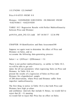 115.3742901 123.5469607
Price 0 0 65535 #NUM! 0 0
Distance −0.024964948 0.001224936 −20.38061682 #NUM!
−0.027410611 −0.022519285
TABLE 10.3 Regression Results with Perfect Multicollinearity
between Price and Distance
pri91516_ch10_292-321.indd 307 10/30/17 12:36 PM
CHAPTER 10 Identification and Data Assessment308
Suppose we again want to determine the effect of Price and
Distance on Sales, and so
we assume the following data-generating process:
Salesi = α + β1Pricei + β2Distancei + Ui
There is not perfect multicollinearity, so unlike in Table 10.3,
we will be able to get esti-
mates for all our parameters when regressing Sales on Price and
Distance. In Table 10.4, we
present the results of a regression of Sales on Price and
Distance for a hypothetical sample
of 200 observations, where Price and Distance suffer from
imperfect multicollinearity.
The first thing to notice in Table 10.4 is that both Price and
Distance have high p-values
and confidence intervals that include 0. Hence, we would fail to
reject that β1 = 0, meaning
we would fail to reject that Price has no effect on Sales.
 