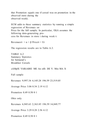 that Promotion equals one if cereal was on promotion in the
observed store during the
observed week).
ECM adds to these summary statistics by running a simple
regression of Revenues on
Price for the full sample. In particular, EKA assumes the
following data-generating pro-
cess for Revenues in store i during week t:
Revenuesit = α + β Priceit + Ui
The regression results are in Table A.3.
TABLE A.2
Summary Statistics
for Salmond’s
Breakfast Cereals
sAMplE VARiABlE ME An stD. DE V. Min MA X
Full sample
Revenues 9,997.34 4,145.28 196.59 23,519.05
Average Price 3.06 0.34 2.19 4.12
Promotion 0.49 0.50 0 1
Ohio only
Revenues 6,945.63 2,363.85 196.59 14,849.77
Average Price 3.29 0.28 2.56 4.12
Promotion 0.49 0.50 0 1
 