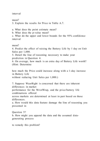 interval
mean?
3. Explain the results for Price in Table A.7.
a. What does the point estimate mean?
b. What does the p-value mean?
c. What do the upper and lower bounds for the 95% confidence
interval
mean?
4. Predict the effect of raising the Battery Life by 1 day on Unit
Sales per 1,000.
5. Detail the line of reasoning necessary to make your
prediction in Question 4.
6. On average, how much is an extra day of Battery Life worth?
(Hint: Determine
how much the Price could increase along with a 1-day increase
in Battery Life
without reducing Unit Sales per 1,000.)
7. Suppose WearRight is concerned that there are inherent
differences in market
performance for the WristWrap, and the price/battery life
combinations offered
across markets are determined at least in part based on those
differences.
a. How would this data feature damage the line of reasoning you
presented in
Question 5?
b. How might you append the data and the assumed data-
generating process
to remedy this problem?
 