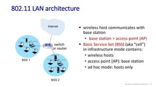 802.11 LAN architecture
Wireless and Mobile Networks: 7- 21
 wireless host communicates with
base station
• base station ...