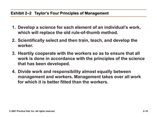 © 2007 Prentice Hall, Inc. All rights reserved. 2–10
Exhibit 2–2 Taylor’s Four Principles of Management
1. Develop a scien...