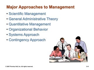 © 2007 Prentice Hall, Inc. All rights reserved. 2–8
Major Approaches to Management
• Scientific Management
• General Admin...