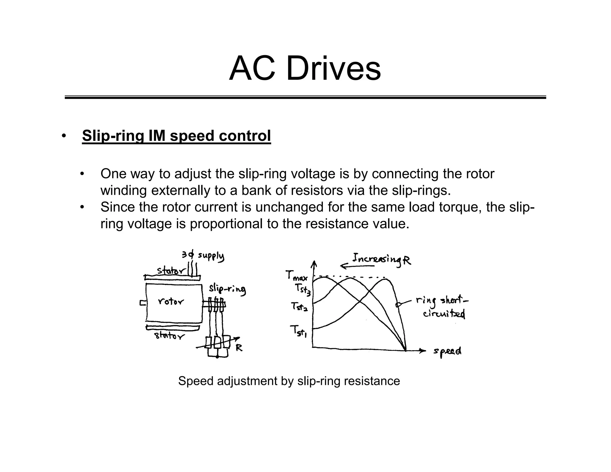 AC Drives
• Slip-ring IM speed control
• One way to adjust the slip-ring voltage is by connecting the rotor
winding externally to a bank of resistors via the slip-rings.
• Since the rotor current is unchanged for the same load torque, the slip-
ring voltage is proportional to the resistance value.
Speed adjustment by slip-ring resistance
 