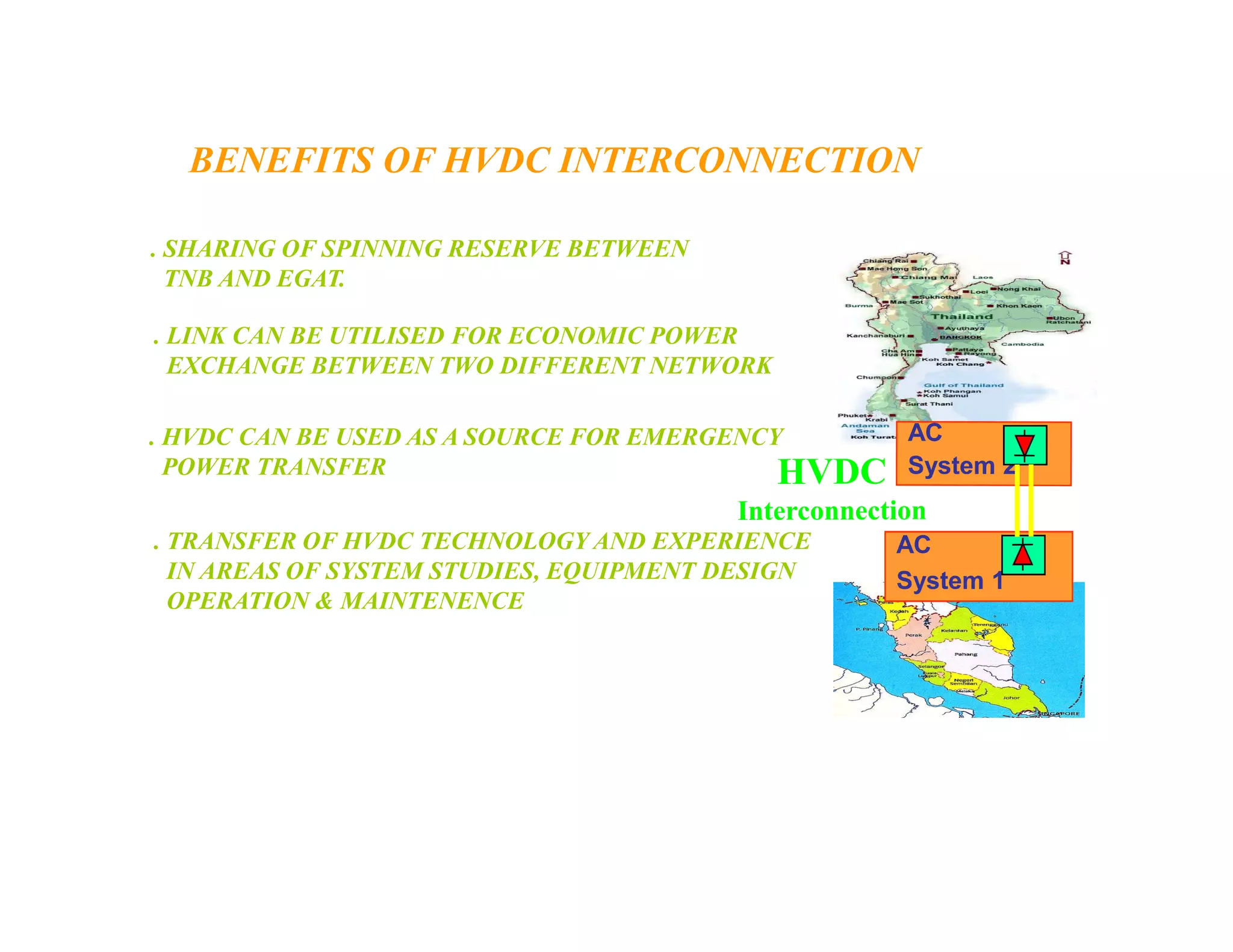 BENEFITS OF HVDC INTERCONNECTION
. SHARING OF SPINNING RESERVE BETWEEN
TNB AND EGAT.
. LINK CAN BE UTILISED FOR ECONOMIC POWER
EXCHANGE BETWEEN TWO DIFFERENT NETWORK
. HVDC CAN BE USED AS A SOURCE FOR EMERGENCY
POWER TRANSFER
POWER TRANSFER
. TRANSFER OF HVDC TECHNOLOGY AND EXPERIENCE
IN AREAS OF SYSTEM STUDIES, EQUIPMENT DESIGN
OPERATION  MAINTENENCE
 