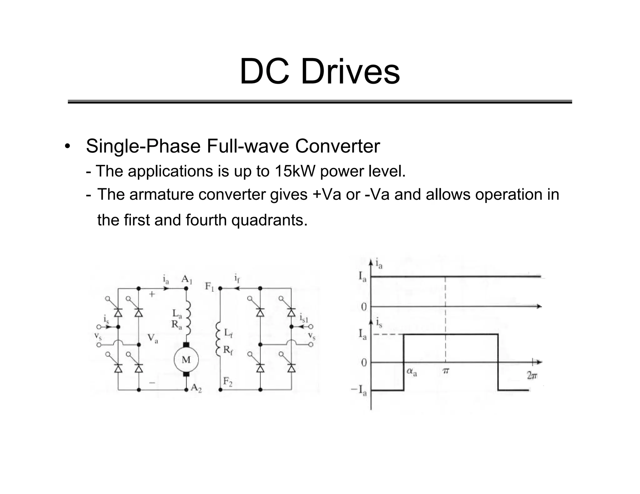 DC Drives
• Single-Phase Full-wave Converter
- The applications is up to 15kW power level.
- The armature converter gives +Va or -Va and allows operation in
the first and fourth quadrants.
 