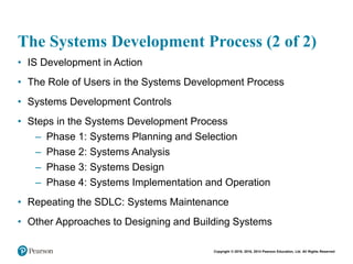 Copyright © 2018, 2016, 2014 Pearson Education, Ltd. All Rights Reserved
The Systems Development Process (2 of 2)
• IS Development in Action
• The Role of Users in the Systems Development Process
• Systems Development Controls
• Steps in the Systems Development Process
– Phase 1: Systems Planning and Selection
– Phase 2: Systems Analysis
– Phase 3: Systems Design
– Phase 4: Systems Implementation and Operation
• Repeating the SDLC: Systems Maintenance
• Other Approaches to Designing and Building Systems
 