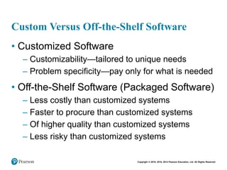 Copyright © 2018, 2016, 2014 Pearson Education, Ltd. All Rights Reserved
Custom Versus Off-the-Shelf Software
• Customized Software
– Customizability—tailored to unique needs
– Problem specificity—pay only for what is needed
• Off-the-Shelf Software (Packaged Software)
– Less costly than customized systems
– Faster to procure than customized systems
– Of higher quality than customized systems
– Less risky than customized systems
 