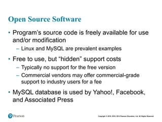 Copyright © 2018, 2016, 2014 Pearson Education, Ltd. All Rights Reserved
Open Source Software
• Program’s source code is freely available for use
and/or modification
– Linux and MySQL are prevalent examples
• Free to use, but “hidden” support costs
– Typically no support for the free version
– Commercial vendors may offer commercial-grade
support to industry users for a fee
• MySQL database is used by Yahoo!, Facebook,
and Associated Press
 