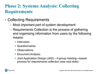 Copyright © 2018, 2016, 2014 Pearson Education, Ltd. All Rights Reserved
Phase 2: Systems Analysis: Collecting
Requirements
• Collecting Requirements
– Most important part of system development
– Requirements Collection is the process of gathering
and organizing information from users by the following
means:
 Interviews
 Questionnaires
 Observations
 Document Analysis
 Joint Application Design (JAD) – A group meeting—based
process for requirements collection (see next slide)
 