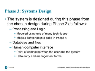 Copyright © 2018, 2016, 2014 Pearson Education, Ltd. All Rights Reserved
Phase 3: Systems Design
• The system is designed during this phase from
the chosen design during Phase 2 as follows:
– Processing and Logic
 Modeled using one of many techniques
 Models converted into code in Phase 4
– Database and files
– Human-computer interface
 Point of contact between the user and the system
 Data entry and management forms
 