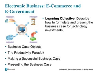 Copyright © 2018, 2016, 2014 Pearson Education, Ltd. All Rights Reserved
Electronic Business: E-Commerce and
E-Government
• Learning Objective: Describe
how to formulate and present the
business case for technology
investments
• Business Case Objects
• The Productivity Paradox
• Making a Successful Business Case
• Presenting the Business Case
 