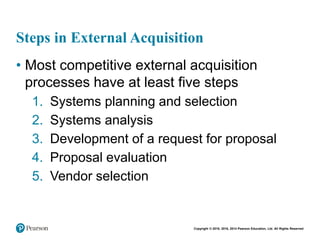 Copyright © 2018, 2016, 2014 Pearson Education, Ltd. All Rights Reserved
Steps in External Acquisition
• Most competitive external acquisition
processes have at least five steps
1. Systems planning and selection
2. Systems analysis
3. Development of a request for proposal
4. Proposal evaluation
5. Vendor selection
 