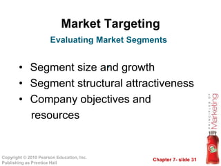 Chapter 7- slide 31
Copyright © 2010 Pearson Education, Inc.
Publishing as Prentice Hall
Market Targeting
• Segment size and growth
• Segment structural attractiveness
• Company objectives and
resources
Evaluating Market Segments
.
 