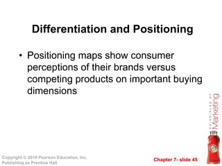 Chapter 7- slide 45
Copyright © 2010 Pearson Education, Inc.
Publishing as Prentice Hall
• Positioning maps show consumer
perceptions of their brands versus
competing products on important buying
dimensions
Differentiation and Positioning
 