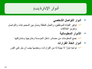 ‫اإلدارة‬ ‫أدوار‬
(
‫تتمة‬
)
•
‫الشخصي‬ ‫التواصل‬ ‫أدوار‬

‫والت‬ ‫المجموعات‬ ‫بين‬ ‫وصل‬ ‫كحلقة‬ ‫والعمل‬ ،‫للموظفين‬ ‫القيادة‬ ‫توفير‬
‫واصل‬
‫العالقات‬ ‫وتعزيز‬
•
‫المعلوماتية‬ ‫األدوار‬

‫ومشاركتها‬ ‫وخارجها‬ ‫المؤسسة‬ ‫داخل‬ ‫مصادر‬ ‫من‬ ‫المعلومات‬ ‫جمع‬
•
‫القرارات‬ ‫اتخاذ‬ ‫أدوار‬

‫الف‬ ‫على‬ ‫يتم‬ ‫أن‬ ‫يجب‬ ‫وبعضها‬ ،‫القرارات‬ ‫من‬ ‫له‬ ‫نهاية‬ ‫ال‬ ‫ا‬ً‫تيار‬ ‫تواجه‬
‫ور‬
7
-
6
 