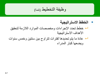 ‫التخطيط‬ ‫وظيفة‬
(
‫تتمة‬
)
•
‫االستراتيجية‬ ‫الخطط‬

‫لتحقيق‬ ‫الالزمة‬ ‫الموارد‬ ‫ومخصصات‬ ‫اإلجراءات‬ ‫تحدد‬ ‫خطط‬
‫االستراتيجية‬ ‫األهداف‬

‫س‬ ‫وخمس‬ ‫سنتين‬ ‫بين‬ ‫تتراوح‬ ‫لفترات‬ ‫تحديدها‬ ‫يتم‬ ‫ما‬ ‫عادة‬
‫نوات‬
‫المدراء‬ ‫كبار‬ ‫ويضعها‬
7
-
8
 