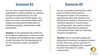 Scenario #1
You are a data analyst hired by a healthcare
organization to improve patient care services
through the implementation of a new
electronic health record (EHR) system. Your
task is to conduct information requirements
analysis to understand the data needs of
healthcare providers, administrative staff,
and patients.
Question: As the appointed data analyst for
the healthcare organization, outline your plan
for sampling and investigating data to gather
crucial information for the development of
the new electronic health record (EHR)
system.
Scenario #2
You are a consultant working with a retail
chain to enhance their inventory
management system. The company is
experiencing issues with stockouts and
overstocking, leading to revenue loss and
inefficient operations. As part of your
consulting project, you need to conduct
information requirements analysis to
understand the data needs for improving
inventory management.
Question: As the consultant tasked with
improving the inventory management system
for the retail chain, outline your plan for
sampling and investigating data to gather
essential information for system
enhancement.
 