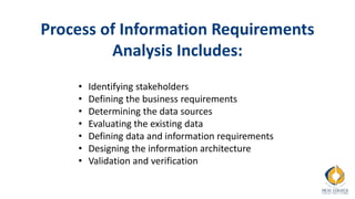 Process of Information Requirements
Analysis Includes:
• Identifying stakeholders
• Defining the business requirements
• Determining the data sources
• Evaluating the existing data
• Defining data and information requirements
• Designing the information architecture
• Validation and verification
 