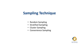Sampling Technique
• Random Sampling
• Stratified Sampling
• Cluster Sampling
• Convenience Sampling
 