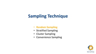 Sampling Technique
• Random Sampling
• Stratified Sampling
• Cluster Sampling
• Convenience Sampling
 