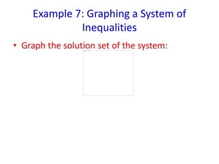 Example 7: Graphing a System of
Inequalities
• Graph the solution set of the system:
 
