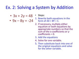 Ex. 2: Solving a System by Addition
• 3x + 2y = 48
• 9x – 8y = -24
• Steps:
1. Rewrite both equations in the
form of AX + BY = C.
2. If necessary, multiply either
equation or both equations by
appropriate numbers so that the
sum of the x-coefficients or y-
coefficients = 0.
3. Add the equations
4. Solve for one variable.
5. Then substitute back into one of
the original equations and solve
for the other variable.
 