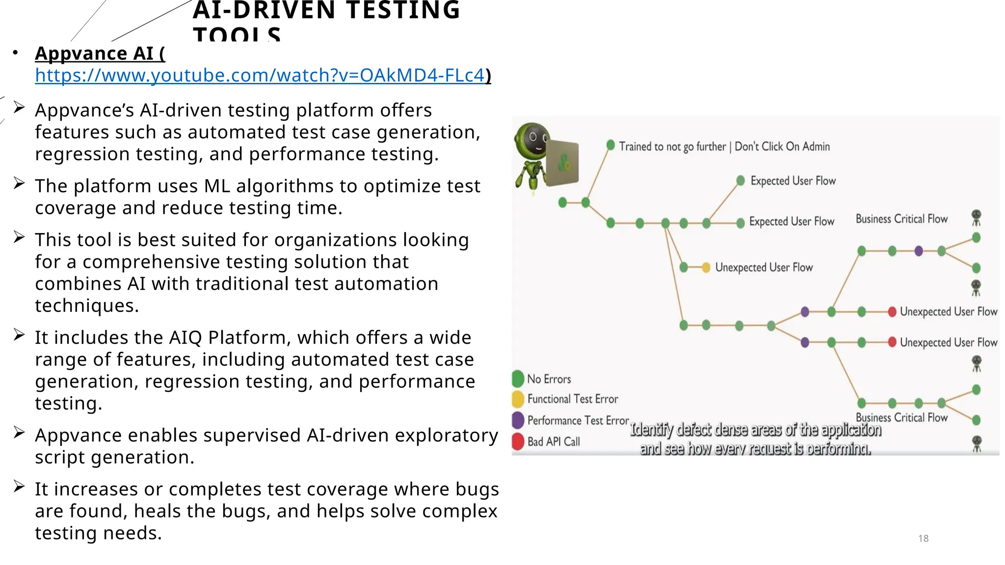 18
AI-DRIVEN TESTING
TOOLS
• Appvance AI (
https://www.youtube.com/watch?v=OAkMD4-FLc4)
 Appvance’s AI-driven testing platform offers
features such as automated test case generation,
regression testing, and performance testing.
 The platform uses ML algorithms to optimize test
coverage and reduce testing time.
 This tool is best suited for organizations looking
for a comprehensive testing solution that
combines AI with traditional test automation
techniques.
 It includes the AIQ Platform, which offers a wide
range of features, including automated test case
generation, regression testing, and performance
testing.
 Appvance enables supervised AI-driven exploratory
script generation.
 It increases or completes test coverage where bugs
are found, heals the bugs, and helps solve complex
testing needs.
 