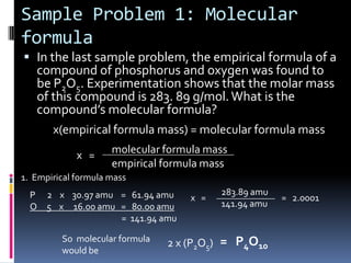 x(empirical formula mass) = molecular formula massx = whole number multipleFactor which the subscripts are multiplied to  	give empirical formula.Sample Problem 1: Molecular formulaIn the last sample problem, the empirical formula of a compound of phosphorus and oxygen was found to be P2O5. Experimentation shows that the molar mass of this compound is 283. 89 g/mol. What is the compound’s molecular formula?x(empirical formula mass) = molecular formula massx   =molecular formula massempirical formula mass283.89 amu141.94 amu1.  Empirical formula massP      2    x    30.97 amu    =   61.94 amu    O     5    x     16.00 amu   =   80.00 amu		           =  141.94 amux   ==   2.0001So  molecular formula would be=   P4O102 x (P2O5)