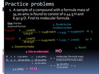 Practice problems1.  A sample of a compound with a formula mass of 34.00 amu is found to consist of 0.44 g H and 6.92 g O. Find its molecular formula.First: find the empirical formula3.  Divide by the smallest number0.44 g H=  0.929mol H1=   0.436 mol H÷  0.4336.92 g O1=  1 mol O÷  0..433x           1 mol H       1.01 g Hx           1 mol O       16.00 g O=  0.433 mol O1.  Convert to moles4.  Roundmolecular formula massempirical formula mass34.00 amu17.01 amuHO5. Use as subscriptsH     1    x    1.01 amu       =      1.01 amu    O     1    x     16.00 amu   =   16.00 amu		           =   17.01 amux   =x   ==   2=   H2O22 x (HO)