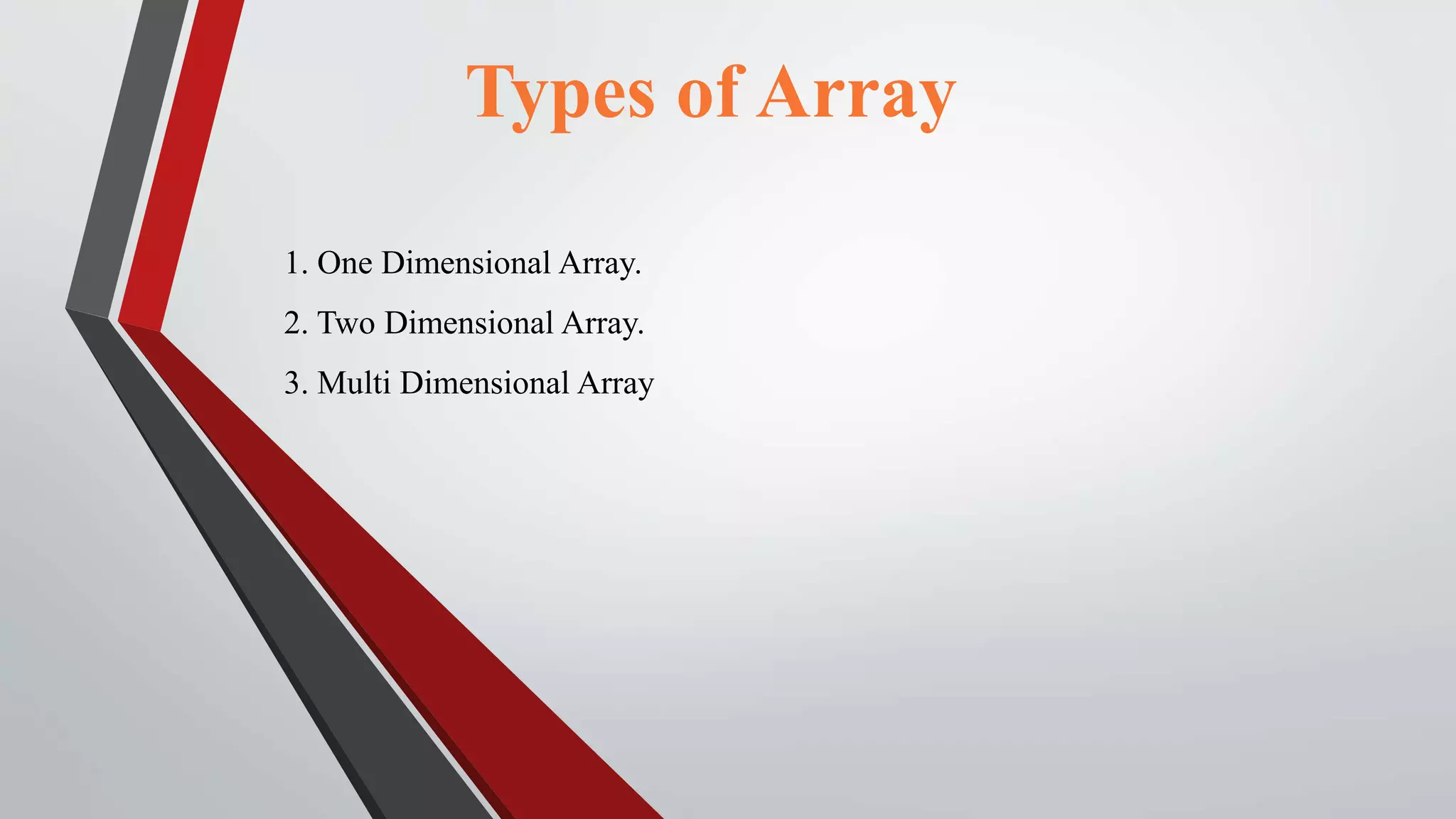 1. One Dimensional Array.
2. Two Dimensional Array.
3. Multi Dimensional Array
Types of Array
 