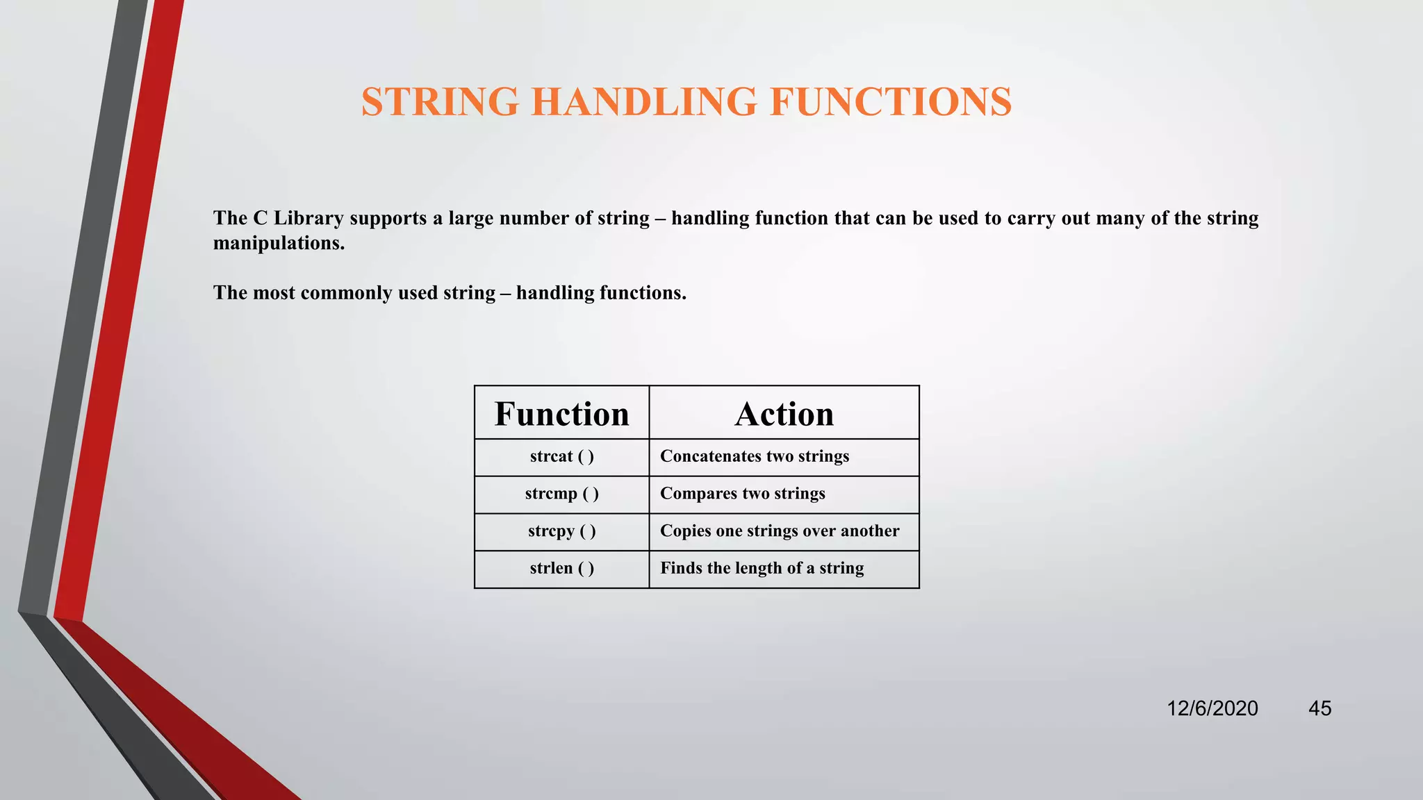 Function Action
strcat ( ) Concatenates two strings
strcmp ( ) Compares two strings
strcpy ( ) Copies one strings over another
strlen ( ) Finds the length of a string
12/6/2020 45
The C Library supports a large number of string – handling function that can be used to carry out many of the string
manipulations.
The most commonly used string – handling functions.
STRING HANDLING FUNCTIONS
 