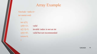 Array Example
#include <stdio.h>
int main(void)
{
int x[5];
x[0]=23; valid
x[2.3]=5; invalid: index is not an int
x[6]=45; valid but not recommended
return 0;
}
12/6/2020 14
 