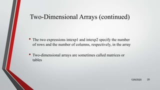 Two-Dimensional Arrays (continued)
• The two expressions intexp1 and intexp2 specify the number
of rows and the number of columns, respectively, in the array
• Two-dimensional arrays are sometimes called matrices or
tables
12/6/2020 20
 