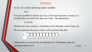 Arrays
So far, we've been declaring simple variables
int i;
It is also possible to declare an array of Several elements. an array is a
variable that can hold more than one value , The declaration
int a[10];
declares an array, named a, consisting of ten elements, each of type int.
We can represent the array a above with a picture like this:
12/6/2020 5
•Arrays are zero-based: the ten elements of a 10-element array are
numbered from 0 to 9.
 