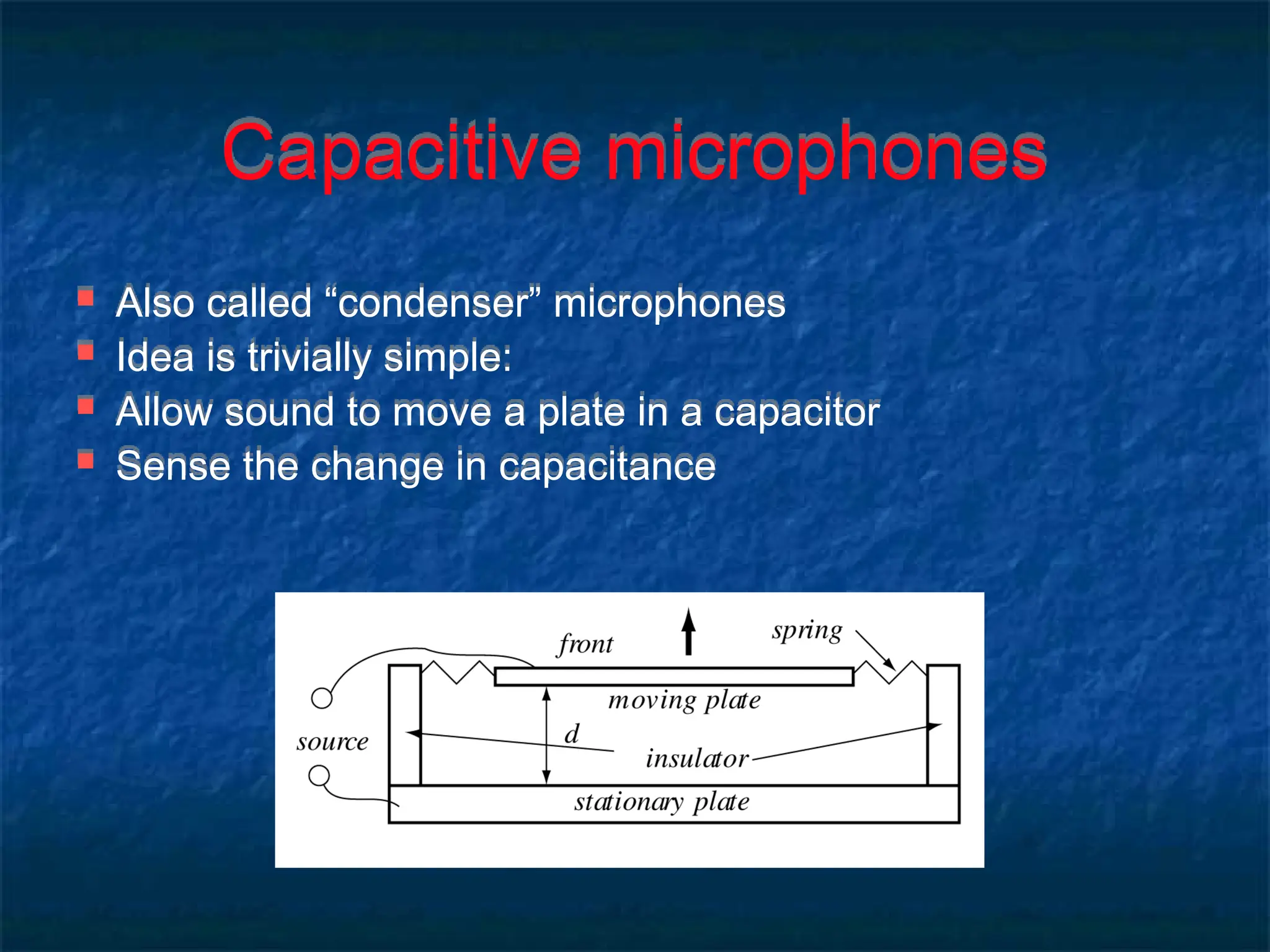Capacitive microphones
 Also called “condenser” microphones
 Idea is trivially simple:
 Allow sound to move a plate in a capacitor
 Sense the change in capacitance
 