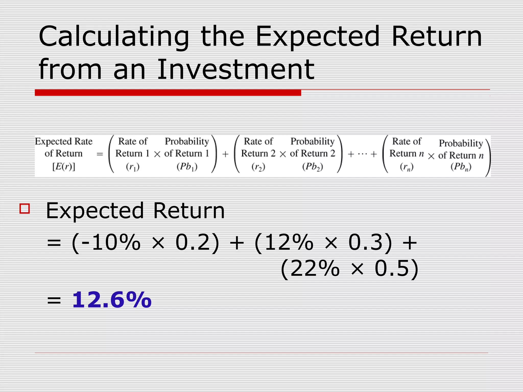 Calculating the Expected Return
from an Investment



Expected Return
= (-10% × 0.2) + (12% × 0.3) +
(22% × 0.5)
= 12.6%

 