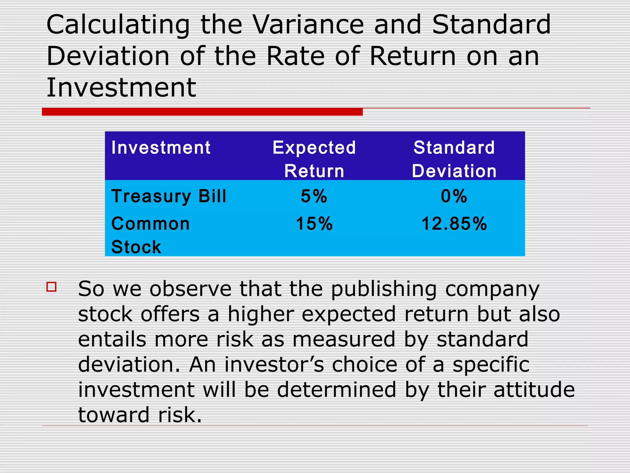 Calculating the Variance and Standard
Deviation of the Rate of Return on an
Investment
Investment
Treasury Bill
Common
Stock


Expected
Return
5%

Standard
Deviation
0%

15%

12.85%

So we observe that the publishing company
stock offers a higher expected return but also
entails more risk as measured by standard
deviation. An investor’s choice of a specific
investment will be determined by their attitude
toward risk.

 