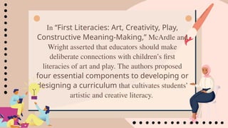 In “First Literacies: Art, Creativity, Play,
Constructive Meaning-Making,” McArdle and
Wright asserted that educators should make
deliberate connections with children’s first
literacies of art and play. The authors proposed
four essential components to developing or
designing a curriculum that cultivates students’
artistic and creative literacy.
 