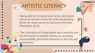 • Being able to critically read, write, and speak
about art should not be the sole constituting
factor for what counts as literacy in the Arts
(Shenfield, 2015).
• The cultivation of Imagination and creativity and
the formation of deeper theory surrounding
multimodality and multi-literacies in the Arts are
paramount.
ARTISTIC LITERACY
 