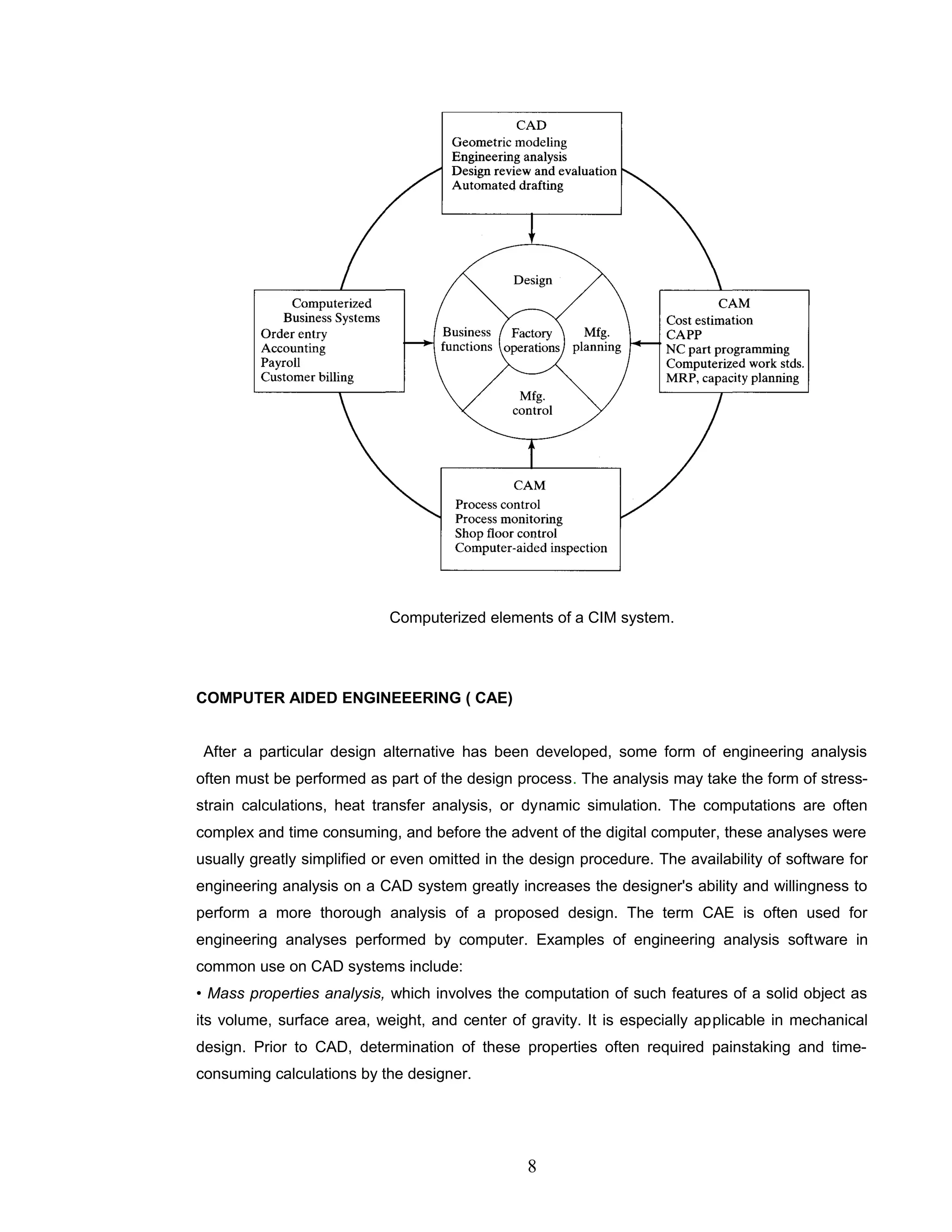 Computerized elements of a CIM system.
COMPUTER AIDED ENGINEEERING ( CAE)
After a particular design alternative has been developed, some form of engineering analysis
often must be performed as part of the design process. The analysis may take the form of stress-
strain calculations, heat transfer analysis, or dynamic simulation. The computations are often
complex and time consuming, and before the advent of the digital computer, these analyses were
usually greatly simplified or even omitted in the design procedure. The availability of software for
engineering analysis on a CAD system greatly increases the designer's ability and willingness to
perform a more thorough analysis of a proposed design. The term CAE is often used for
engineering analyses performed by computer. Examples of engineering analysis software in
common use on CAD systems include:
• Mass properties analysis, which involves the computation of such features of a solid object as
its volume, surface area, weight, and center of gravity. It is especially applicable in mechanical
design. Prior to CAD, determination of these properties often required painstaking and time-
consuming calculations by the designer.
8
 