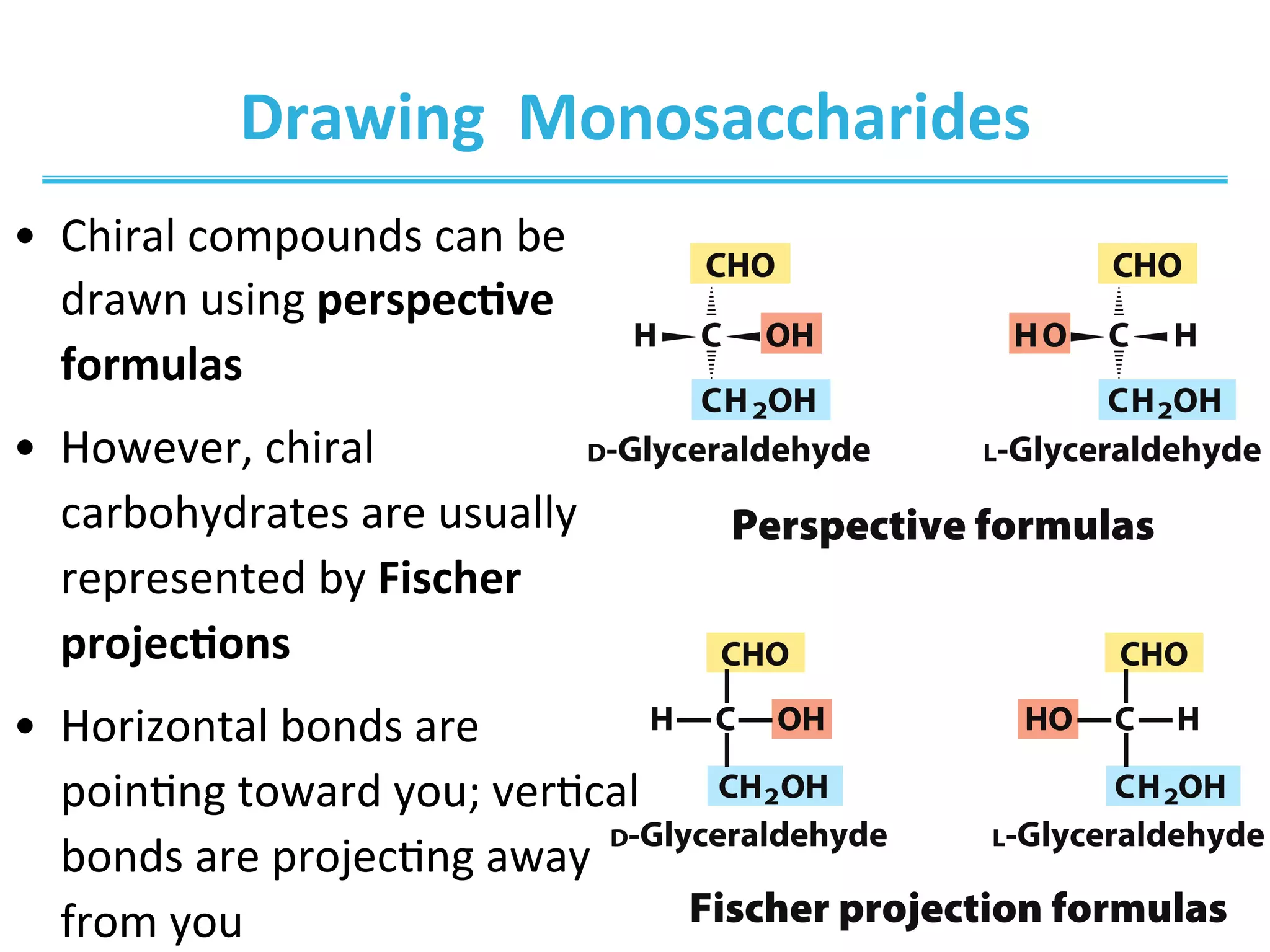 Drawing	
  	
  Monosaccharides	
  
•  Chiral	
  compounds	
  can	
  be	
  
drawn	
  using	
  perspec8ve	
  
formulas	
  
•  However,	
  chiral	
  
carbohydrates	
  are	
  usually	
  
represented	
  by	
  Fischer	
  
projec8ons	
  
•  Horizontal	
  bonds	
  are	
  
poinIng	
  toward	
  you;	
  verIcal	
  
bonds	
  are	
  projecIng	
  away	
  
from	
  you	
  
 