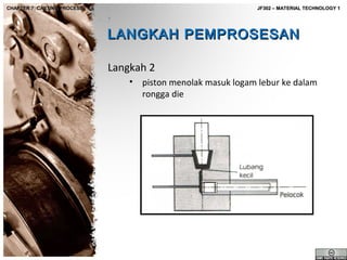 CHAPTER 7: CASTING PROCESS

JF302 – MATERIAL TECHNOLOGY 1

LANGKAH PEMPROSESAN
Langkah 2
• piston menolak masuk logam lebur ke dalam
rongga die

 