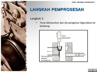 CHAPTER 7: CASTING PROCESS

JF302 – MATERIAL TECHNOLOGY 1

LANGKAH PEMPROSESAN
Langkah 3
•

Teras dikeluarkan dan die pengeluar digerakkan ke
belakang

 