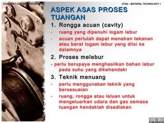 CHAPTER 7: CASTING PROCESS

JF302 – MATERIAL TECHNOLOGY 1

ASPEK ASAS PROSES
TUANGAN
1. Rongga acuan (cavity)
-

ruang yang dipenuhi logam lebur
acuan perlulah dapat menahan tekanan
atau berat logam lebur yang diisi ke
dalamnya

2. Proses melebur
- perlu berupaya menghasilkan bahan lebur
pada suhu yang dikehendaki

3. Teknik menuang
-

perlu menggunakan teknik yang
bersesuaian
ruang, rongga atau laluan untuk
mengeluarkan udara dan gas semasa
tuangan hendaklah disediakan

 