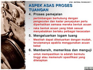 CHAPTER 7: CASTING PROCESS

JF302 – MATERIAL TECHNOLOGY 1

ASPEK ASAS PROSES
TUANGAN
4. Proses pemejalan
-

-

pertimbangan berhubung dengan
pengecutan dan kadar penyejukan perlu
diperhatikan semasa mereka bentuk acuan
reka bentuk acuan yang tidak sesuai
menyebabkan berlaku pelbagai kecacatan

5. Mengeluarkan logam tuang
-

Mestilah dapat dikeluarkan dengan mudah,
terutamanya apabila menggunakan acuan
kekal

6. Membersih, memeriksa dan menguji
-

untuk mempastikan ia adalah bermutu
tinggi atau memenuhi spesifikasi yang
ditetapkan

 