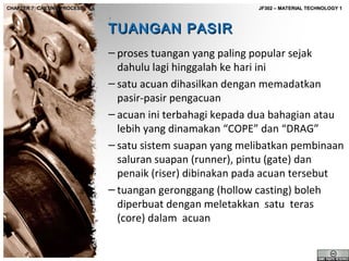 CHAPTER 7: CASTING PROCESS

JF302 – MATERIAL TECHNOLOGY 1

TUANGAN PASIR
– proses tuangan yang paling popular sejak
dahulu lagi hinggalah ke hari ini
– satu acuan dihasilkan dengan memadatkan
pasir-pasir pengacuan
– acuan ini terbahagi kepada dua bahagian atau
lebih yang dinamakan “COPE” dan “DRAG”
– satu sistem suapan yang melibatkan pembinaan
saluran suapan (runner), pintu (gate) dan
penaik (riser) dibinakan pada acuan tersebut
– tuangan geronggang (hollow casting) boleh
diperbuat dengan meletakkan satu teras
(core) dalam acuan

 