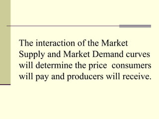 The interaction of the Market
Supply and Market Demand curves
will determine the price consumers
will pay and producers will receive.
 