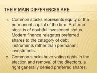 THEIR MAIN DIFFERENCES ARE:
1.

2.

Common stocks represents equity or the
permanent capital of the firm. Preferred
stock is of doubtful investment status.
Modern finance relegates preferred
shares to the category of debt
instruments rather than permanent
investments.
Common stocks have voting rights in the
election and removal of the directors, a
right generally denied preferred shares.

 